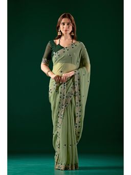 Nyri - Womens Green Georgette Saree with Unstitched Blouse