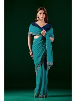 Nyri - Womens Blue Georgette Saree with Unstitched Blouse