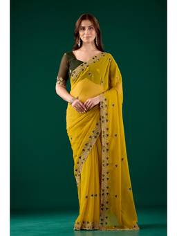 Nyri - Womens Yellow Georgette Saree with Unstitched Blouse