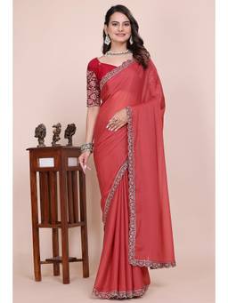 Nyri - Womens Orange Georgette Saree with Unstitched Blouse