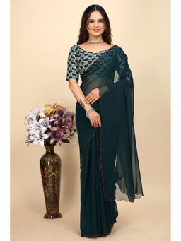 Nyri - Womens Green Georgette Saree with Unstitched Blouse