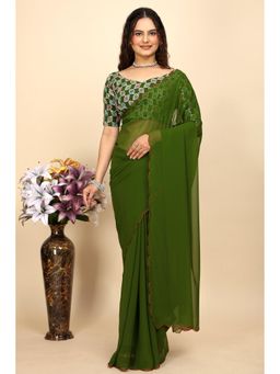 Nyri - Womens Olive Georgette Saree with Unstitched Blouse