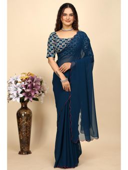 Nyri - Womens Teal Georgette Saree with Unstitched Blouse