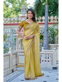 Nyri - Womens Yellow Tissue Saree with Embroidered Border