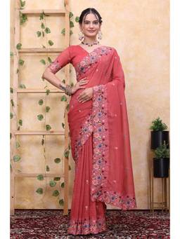 Nyri - Womens Orange Tissue Saree with Embroidered Border