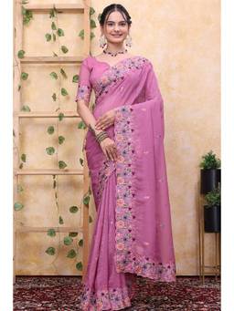 Nyri - Womens Pink Tissue Saree with Embroidered Border
