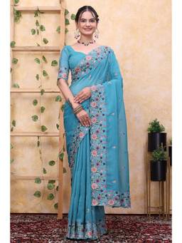 Nyri - Womens Blue Tissue Saree with Embroidered Border