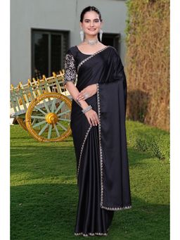 Nyri - Womens Black Satin Saree with Unstitched Blouse