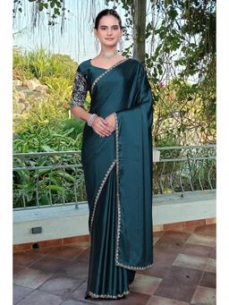Nyri - Womens Teal Satin Saree with Unstitched Blouse