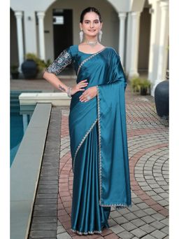 Nyri - Womens Teal Satin Saree with Unstitched Blouse