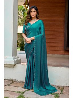 Nyri - Womens Teal Tissue Saree with Embroidered Border
