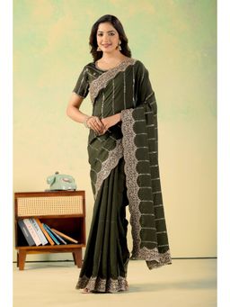 Nyri - Womens Olive Georgette Saree with Unstitched Blouse