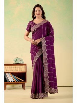 Nyri - Womens Wine Georgette Saree with Unstitched Blouse
