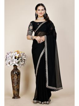 Nyri - Womens Black Chiffon Saree with Unstitched Blouse