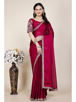 Nyri - Womens Red Chiffon Saree with Unstitched Blouse