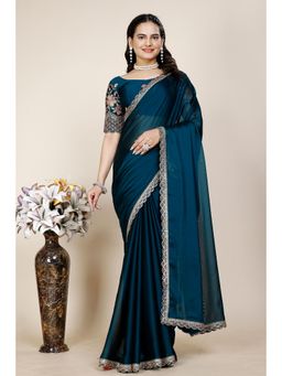 Nyri - Womens Teal Chiffon Saree with Unstitched Blouse
