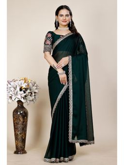 Nyri - Womens Green Chiffon Saree with Unstitched Blouse