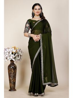 Nyri - Womens Green Chiffon Saree with Unstitched Blouse