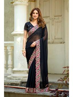 Nyri - Womens Black Georgette Saree with Unstitched Blouse