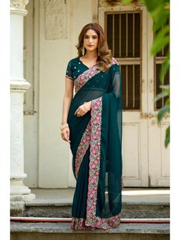 Nyri - Womens Green Georgette Saree with Unstitched Blouse