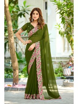 Nyri - Womens Green Georgette Saree with Unstitched Blouse