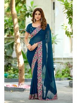 Nyri - Womens Blue Georgette Saree with Unstitched Blouse