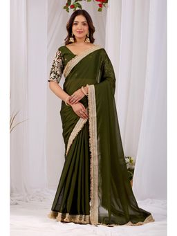 Nyri - Womens Green Georgette Saree with Unstitched Blouse