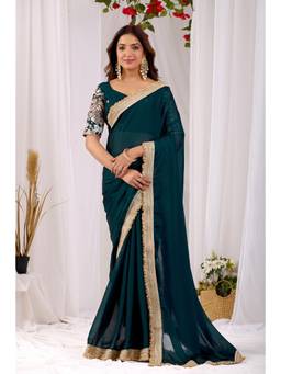 Nyri - Womens Teal Georgette Saree with Unstitched Blouse