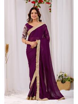 Nyri - Womens Wine Georgette Saree with Unstitched Blouse