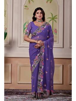 Nyri - Womens Purple Georgette Saree with Unstitched Blouse