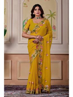 Nyri - Womens Yellow Georgette Saree with Unstitched Blouse