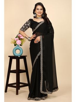 Nyri - Womens Black Chiffon Saree with Unstitched Blouse