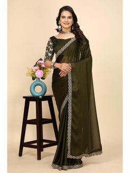 Nyri - Womens Olive Chiffon Saree with Unstitched Blouse