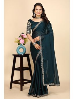 Nyri - Womens Teal Chiffon Saree with Unstitched Blouse