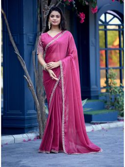 Nyri - Womens Pink Chiffon Saree with Unstitched Blouse