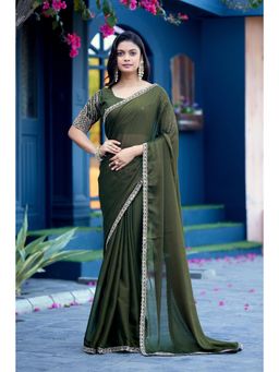 Nyri - Womens Olive Chiffon Saree with Unstitched Blouse