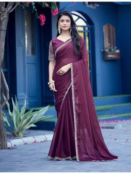 Nyri - Womens Wine Chiffon Saree with Unstitched Blouse