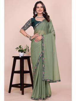 Nyri - Womens Green Georgette Saree with Unstitched Blouse