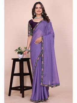 Nyri - Womens Purple Georgette Saree with Unstitched Blouse