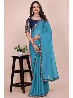 Nyri - Womens Blue Georgette Saree with Unstitched Blouse