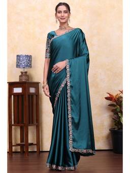 Nyri - Womens Teal Satin Saree with Unstitched Blouse