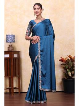 Nyri - Womens Blue Satin Saree with Unstitched Blouse
