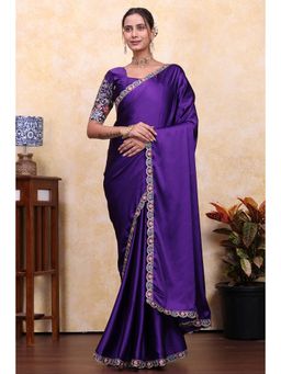 Nyri - Womens Purple Satin Saree with Unstitched Blouse