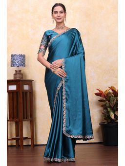 Nyri - Womens Teal Satin Saree with Unstitched Blouse