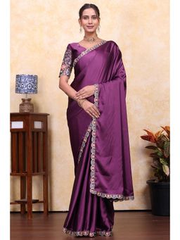 Nyri - Womens Purple Satin Saree with Unstitched Blouse