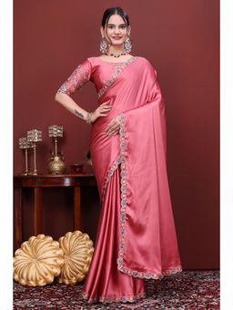 Nyri - Womens Pink Satin Saree with Unstitched Blouse