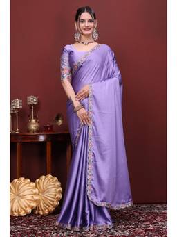 Nyri - Womens Lavender Satin Saree with Unstitched Blouse