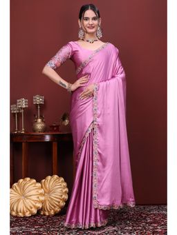 Nyri - Womens Pink Satin Saree with Unstitched Blouse