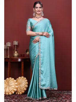 Nyri - Womens Blue Satin Saree with Unstitched Blouse