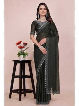 Nyri - Womens Olive Georgette Saree with Unstitched Blouse